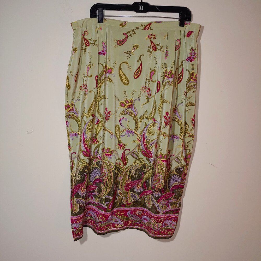 LIZ & ME 100% Silk Pleated Faux Wrap Midi Skirt Size 20WP Paisley olive green